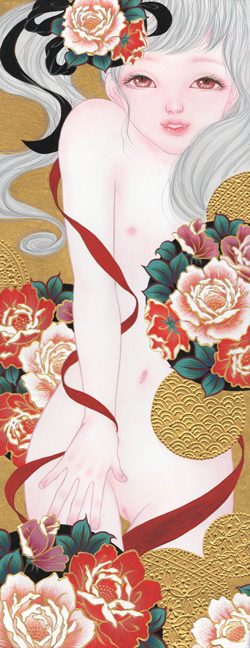 樋口ひろ子　薔薇姫様はお喜びです。　WSM(454×158mm)　アクリルガッシュ　金箔　パンパステル