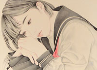 宮﨑優　　彼女の時間Ⅱ　F4　木製パネルにアートクロス・墨・ピグメント・顔彩