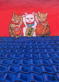 斎藤吾朗　屋根の上の三猫　F4　油彩