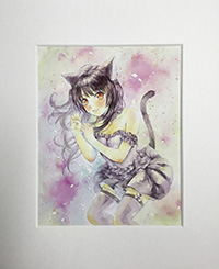 雪兎　黒猫　サイズ　F3 水彩画