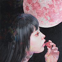 堀一浩　strawberry moon　30x30cm　アクリル絵具　箔　キャンバス