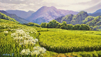 舘山浩丈 白い彼岸の咲く里　M4　油彩・パネル・キャンバス