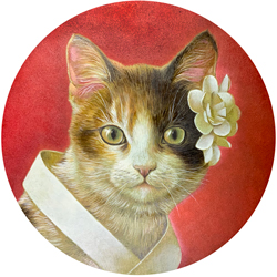 高田美苗　紙の冠　ー鍋島の猫 ー　直径130mm　混合技法（油彩、アルキド樹脂絵具）、板