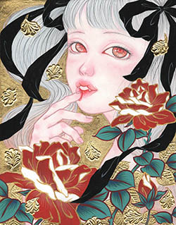 樋口ひろ子「薔薇姫様はお食事中です」w140mmxh180mm（F０）キャンバス　アクリルガッシュ　金箔　パンパステル