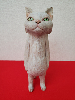 戸川五十生　木彫猫　白　H260mm　樟　色鉛筆
