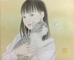 野沢榮子 猫と君 F3 和紙・胡粉・墨・顔彩・水干・岩絵の具