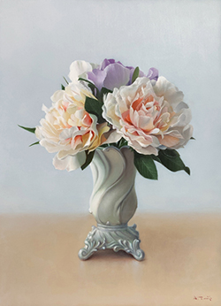 辻信之　陶器の花瓶と花　F4　油彩