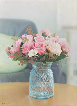 辻信之　ガラスの花瓶と花 #5　F4　油彩