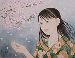 野沢榮子　あだ桜　F6（額付き）　和紙・胡粉・墨・顔彩・水干・岩絵の具