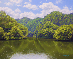 舘山浩丈　緑の湖畔　F3　油彩・パネル・キャンバス