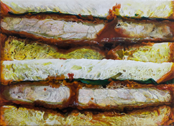 マット赤石　katsu-sandwich　F4、キャンバスにアクリル絵具
