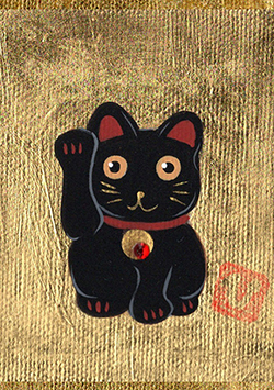 樋口ひろ子　豆福・黒招き猫　H90mm × W65mm　キャンバス アクリルガッシュ 金箔 パンパステル