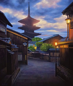 舘山浩丈 宵の口~八坂通~ (京都府東山区 八坂通) F8 油彩・パネル・ジェッソ