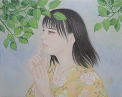 野沢栄子　若葉　F3　和紙・胡粉・墨・顔彩・水干・岩絵の具