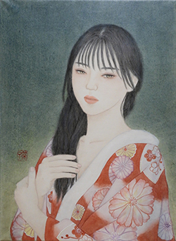 野沢栄子　長い夜　F4　和紙・胡粉・墨・顔彩・水干・岩絵の具