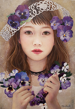 久下じゅんこ　スミレの花飾り　サムホール　アクリル