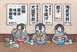聖柄さぎり「ペンギン食堂Ⅱ」　100ｘ148mm　アクリル、ガーゼ