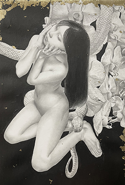 板倉文香　蛇と花　サムホール　画材:鉛筆、アクリル、金箔