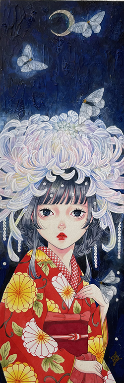 三輪陽子 「chrysanthemum」 350×115mm アクリルガッシュ、ジェッソ