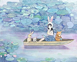 三宅由希子　静の湖　F3　和紙、アクリル、水干絵の具
