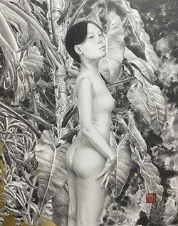 板倉文香　深くて濃い夜　F3号　金箔、鉛筆、グラファイト