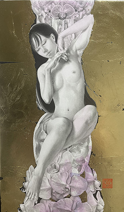 板倉文香　右蘭　M８号　金箔、鉛筆、グラファイト、アクリル