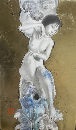 板倉文香　左蘭　M８号　金箔、鉛筆、グラファイト、アクリル