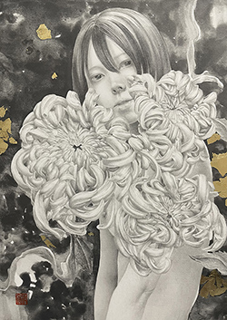 板倉文香　菊花　F4号　金箔、鉛筆