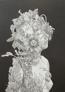 板倉文香　新しい目覚め　F4号　鉛筆、グラファイト