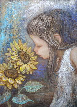 渡邊ろく またね F4 キャンバスにアクリル絵の具、モデリングペースト、色鉛筆