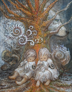 渡邊ろく「狼の夜」F6　アクリル・モデリングペースト・色絵具