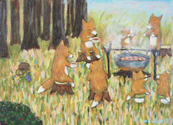 すがあす香「きつねの食事会」F4 油彩、キャンバス