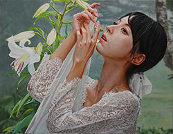 鏡泰裕　白ゆり　板パネル　油彩