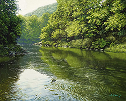 舘山浩丈　新緑の水面　（埼玉県嵐山渓谷）　F3　油彩・パネル・ジェッソ