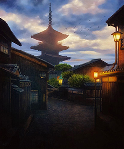 舘山浩丈　宵の口Ⅱ～八坂通～（京都府東山区 八坂通）　F8　油彩・パネル・ジェッソ