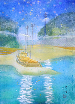 森ゆだね　渚の灯り　F4　紙本彩色