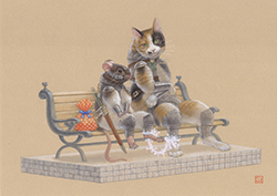 久保俊太郎 なかよしベンチ猫鼠 210×297㎜ アクリル絵具・ペン