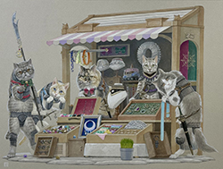 久保俊太郎 猫のアクセサリー屋 300×410㎜ アクリル絵具・ペン