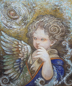 渡邊ろく 波音 F8 キャンバスにアクリルガッシュ、モデリングペースト、色鉛筆