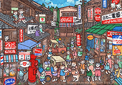 聖柄さぎり 昭和猫町お引っ越しⅢ 158×227mm アクリル・ガーゼ