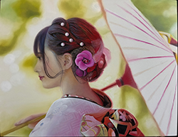 玉木充　緑と和傘　F6　油彩