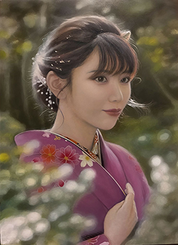 玉木充　桃色と緑の和　F4号　油彩　問い合わせ