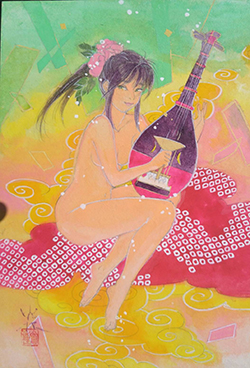 森ゆだね 琵琶 SM 紙本彩色 金箔