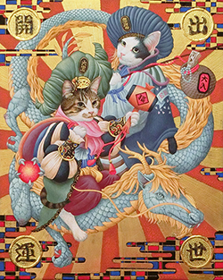 高根沢晋也　招福猫大黒恵比寿騎龍図　F3　黄金テンペラ