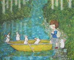 すがあす香　うさぎの舟に乗って　F3　油彩