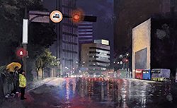 前田葉月 雨夜の横断歩道 アクリル、パネルに綿布