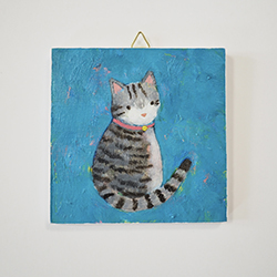 すがあす香　サバトラ猫　8×8cm　油彩、板