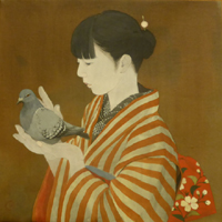 水登麻里子　春の小鳩　SM　日本画
