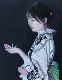 鈴木那奈「折り鶴　Ⅱ」F6　キャンバスに膠・白亜・顔料・油彩