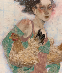 『矮鶏を抱く女』F10　荒井　颯子　日本画